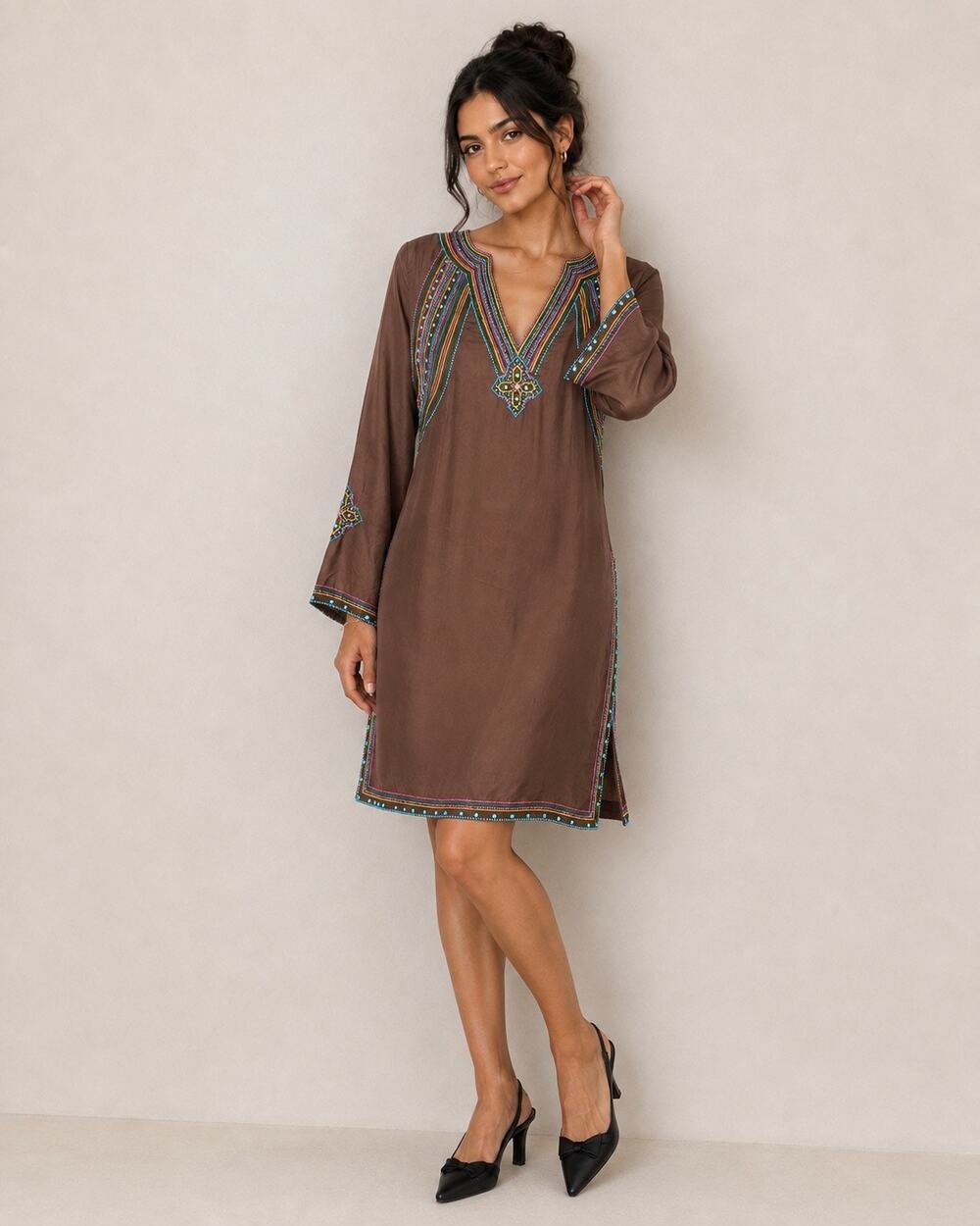 BCBG Maxaria 100% Silk Dress Women’s XS Brown Beaded Bohemian Festival Aztec